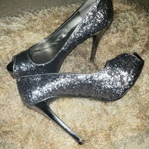 Guess Silver Glitter 8M Open Toe High Heels